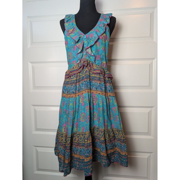 Sundance Size M Teal Floral Ruffle Tiered Midi Dress Cotton Boho Hippie Chic - Picture 2 of 12